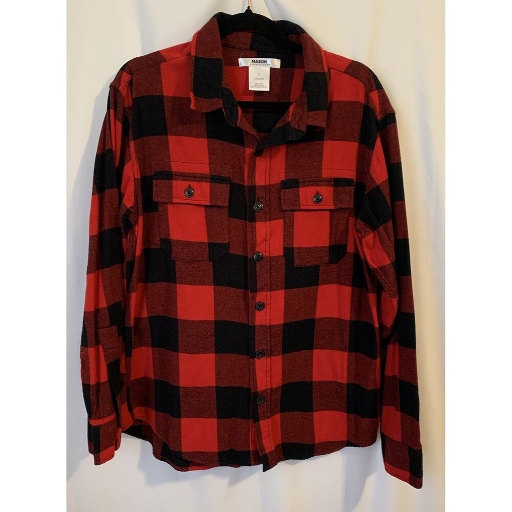 Mason Signature Mens Size Large Flannel Shirt Red And Black Plaid 100% Cotton